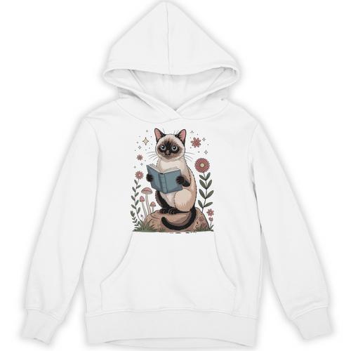 Cute Siamese Cat Reading Book Cottagecore Aestetic Unisex Hoodie - Bookorys AU