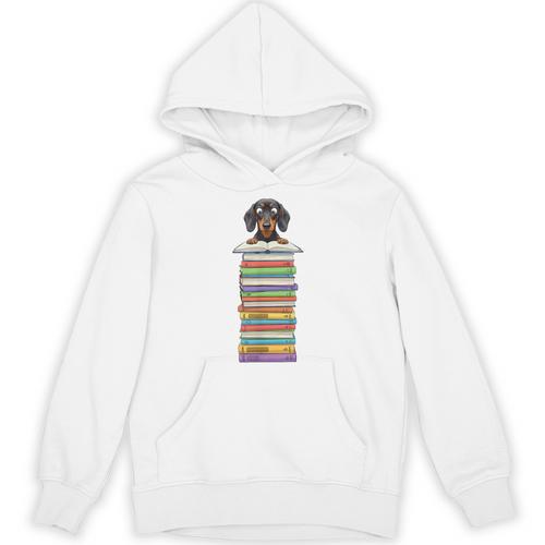 Cute Wiener Dog Dachshund Reading On Pile Of Books Unisex Hoodie - Bookorys