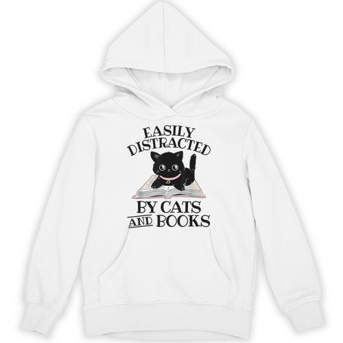 Easily Distracted By Cats And Books Cat Book Lover Unisex Hoodie - Bookorys AU