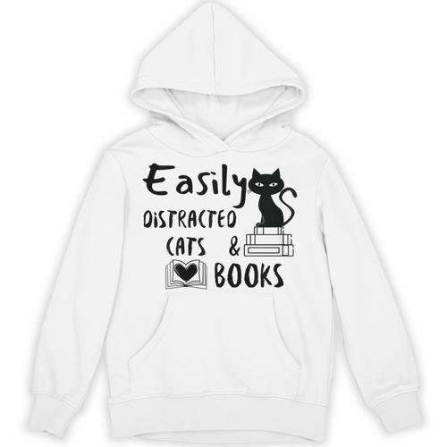 Easily Distracted Cats And Books Funny Book Lover Cat Gifts Women Unisex Hoodie - Bookorys DE