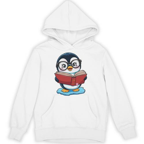 Kawaii Penguin In Cartoon Style With Book And Glasses Unisex Hoodie - Bookorys