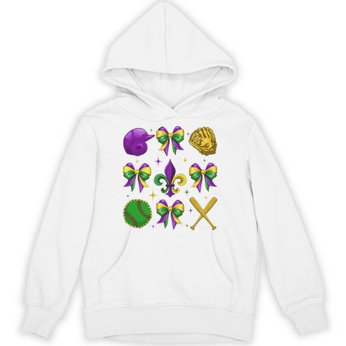 Mardi Gras Baseball Coquette Bow Fat Tuesday Parade Girls Unisex Hoodie - Sportilla