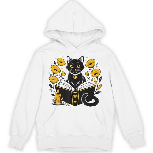Mystic Cat With Spell Book Candle Flowers Witchcore Men Women Kids Unisex Hoodie - Bookorys