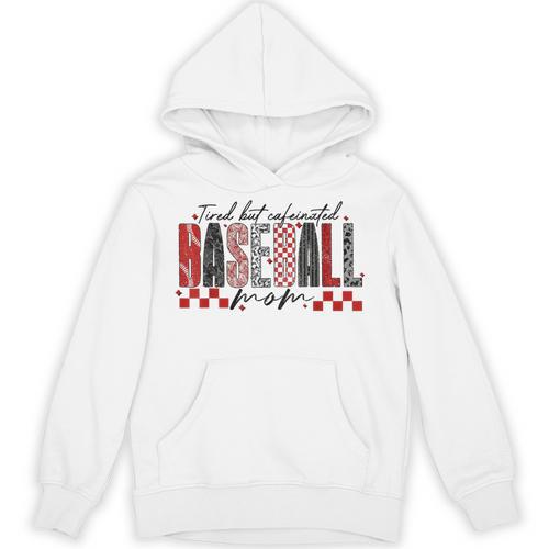 Retro Checkered Tired But Caffeinated Baseball Mom Leopard Unisex Hoodie - Sportilla