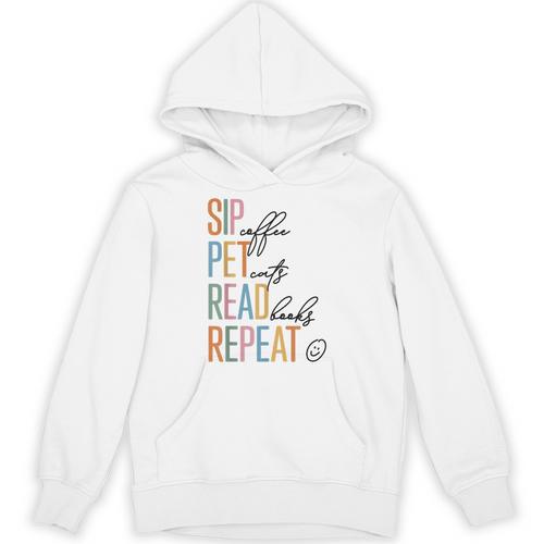 Sip Coffee Pet Cats Read Books Repeat Book Cat Lover Unisex Hoodie - Bookorys AU