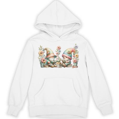 Teacher Gnome Motif Floral Stack Of Books Decor Cute Reading Unisex Hoodie - Bookorys