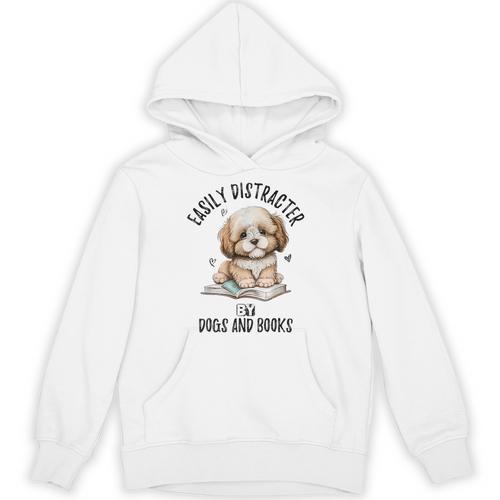 Vintage Easily Distracted By Dogs And Books Puppy Art Lover Unisex Hoodie - Bookorys DE