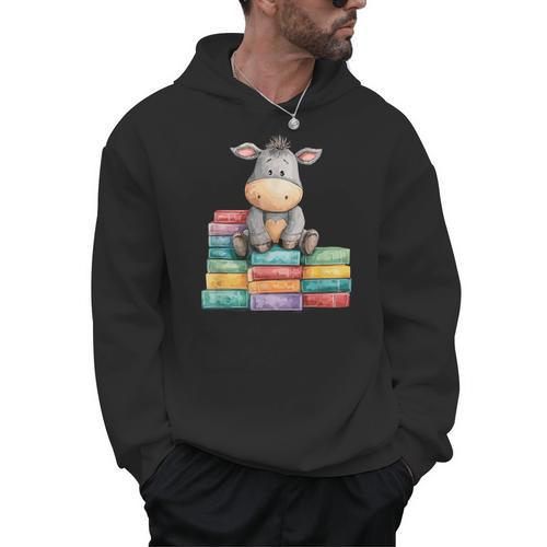 Adorable Donkey With Heart Sitting On Colorful Book Stack Men Hoodie - Bookorys AU