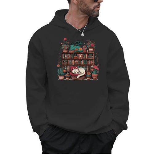 Boho Librarian Booklover Cottagecore Fantasy Book Dragon Cat For Men Women Men Hoodie - Bookorys AU