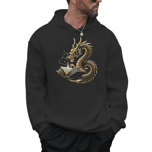 Book Lovers Dragon Fantasy Art Mythical Creatures Yellow Bookworm Chinese Dragon Men Hoodie - Bookorys