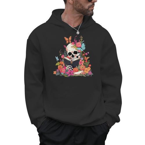 Book Reading Skull Skeleton Flowers Floral Bookish Butterfly Men Hoodie - Bookorys CA