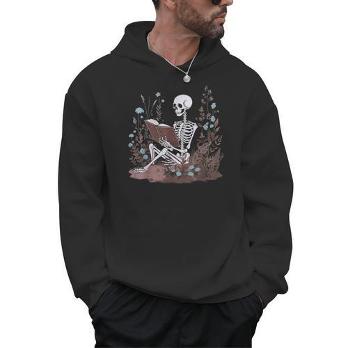 Bookish Cottagecore Aesthetic Floral Skeleton Book Lover Men Hoodie - Bookorys