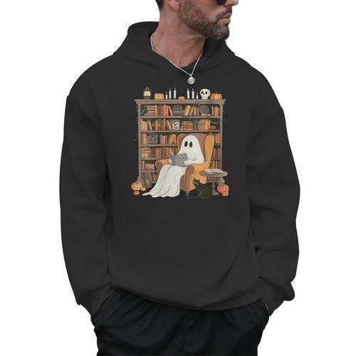 Bookish Ghost Haunted Library Cat Bookworm Book Lover Men Hoodie - Bookorys