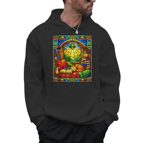 Cat Book Coffee Stained Glass Reading Cottagecore Book Lover Men Hoodie - Bookorys AU