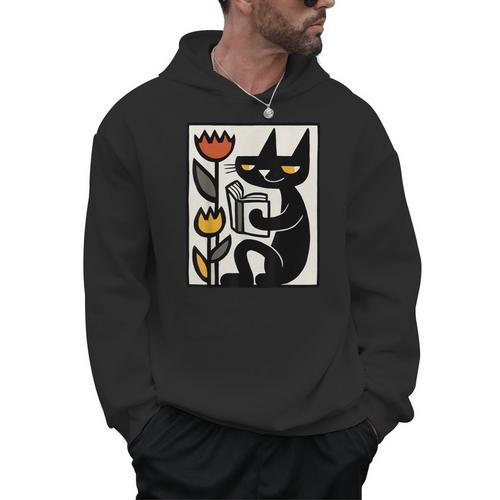Cat Reading Book Folk Art Cozy Illustration Men Hoodie - Bookorys