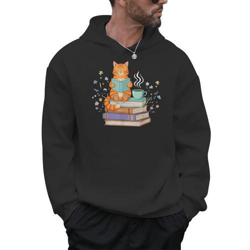 Cat Reading Book Lover Coffee Books Teacher Librarian Cat Men Hoodie - Bookorys AU