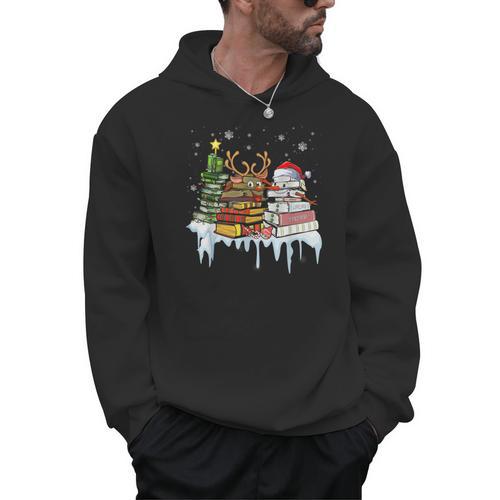 Christmas Tree Snowman Reindeer Book Stack Librarian Men Hoodie - Bookorys UK