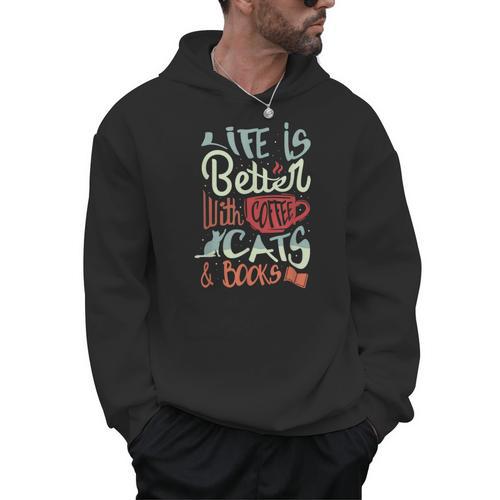 Coffee Cats And Books Cute Kitty Reading Men Hoodie - Bookorys AU