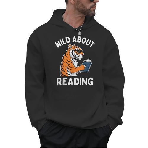 Cool Tiger Reading Book Wild About Reading Kids Books Reader Men Hoodie - Bookorys