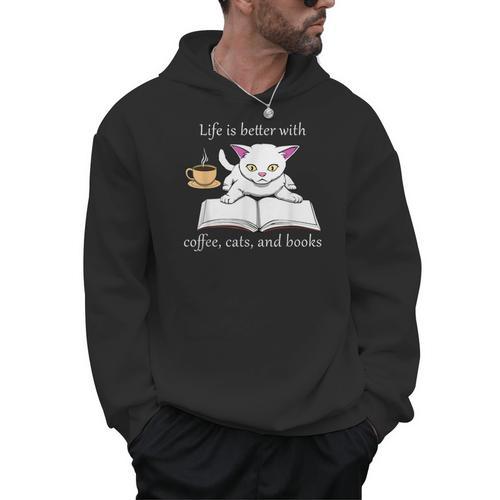 Cute Cat Book Reading Coffee Men Hoodie - Bookorys AU