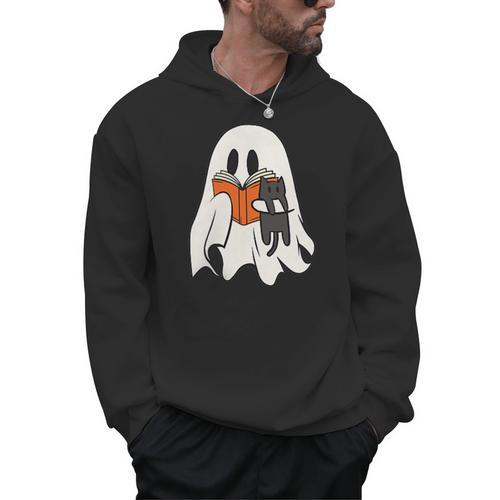 Cute Ghost Cat Reading Book Spooky Season Halloween Costume Men Hoodie - Bookorys