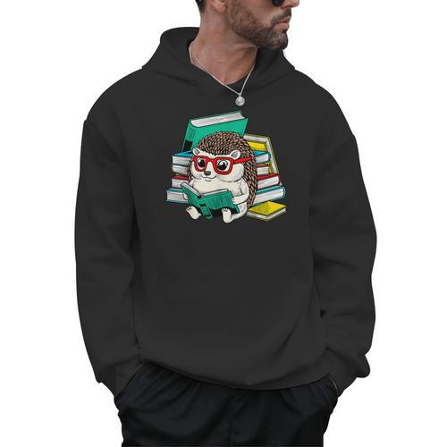 Cute Hedgehog Reading A Book Nerd Readers Men Hoodie - Bookorys UK