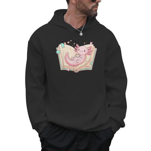 Cute Kawaii Axolotl Book Tea Lover Women Reading Cozy Art Men Hoodie - Bookorys AU