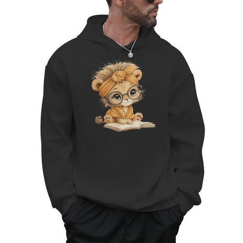 Cute Lion Cub Reading Book With Headwrap Men Hoodie - Bookorys