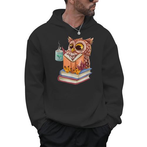 Cute Owl Reading Book And Drinking Tea Reading Rat Bookworm Men Hoodie - Bookorys