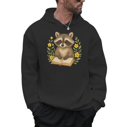Cute Raccoon Reading Book Flowers Floral Men Hoodie - Bookorys