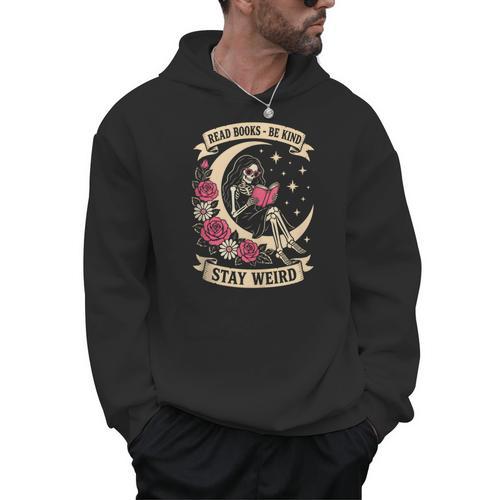 Dark Romance Read Books Be Kind Stay Weird Reading Skeleton Men Hoodie - Bookorys