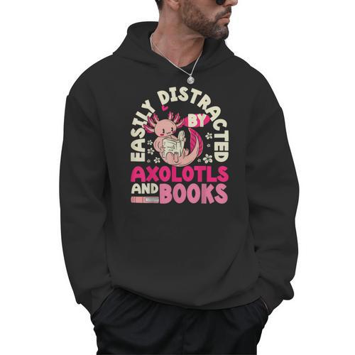 Easily Distracted By Axolotls And Books Cute Animal Lover Men Hoodie - Bookorys