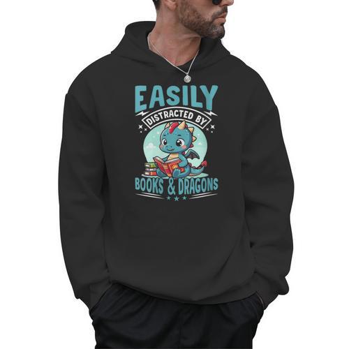 Easily Distracted By Books And Dragons Nerds Men Hoodie - Bookorys