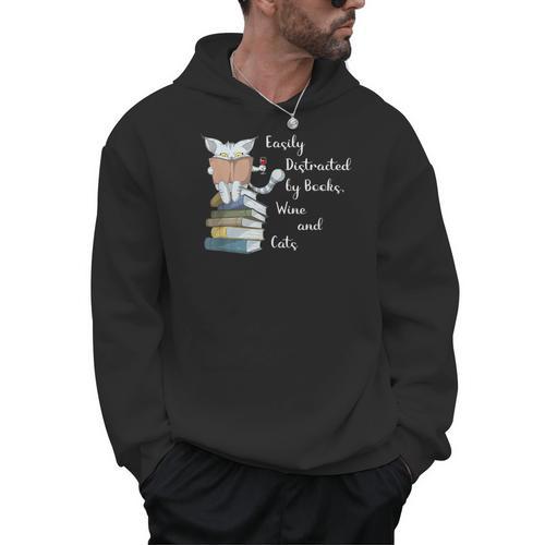 Easily Distracted By Books Wine And Cats Lover Men Hoodie - Bookorys AU