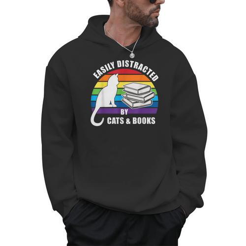 Easily Distracted By Cats And Books – Retro Sunset Rainbow Men Hoodie - Bookorys AU