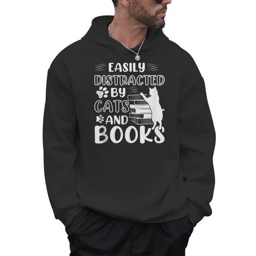Easily Distracted By Cats And Books Cats & Book Lovers Men Hoodie - Bookorys