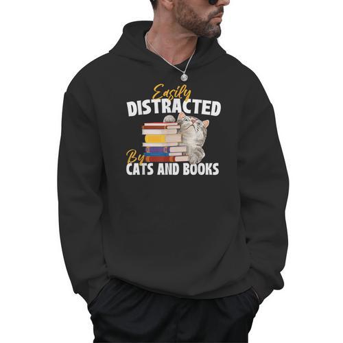 Easily Distracted By Cats And Books Bookworm Pet Lover Men Hoodie - Bookorys AU