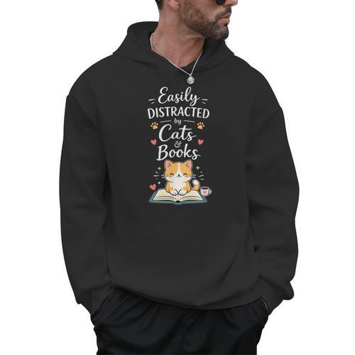 Easily Distracted By Cats And Books Cat & Book Lover Men Hoodie - Bookorys AU