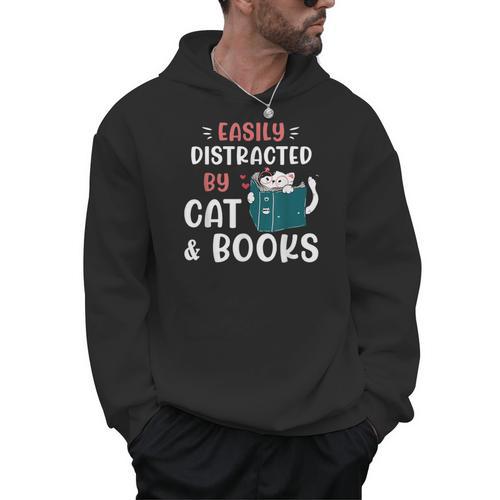 Easily Distracted By Cats And Books Cat & Book Lover For Men Women Kids Men Hoodie - Bookorys AU