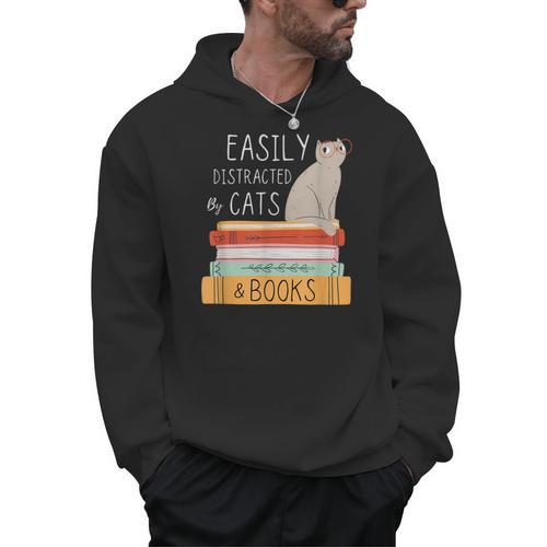 Easily Distracted Cats And Books Cat Lovers For Men Women Kids Men Hoodie - Bookorys AU
