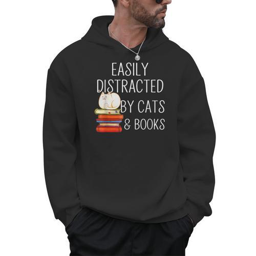 Easily Distracted By Cats And Books Cute Book Lover Men Hoodie - Bookorys AU