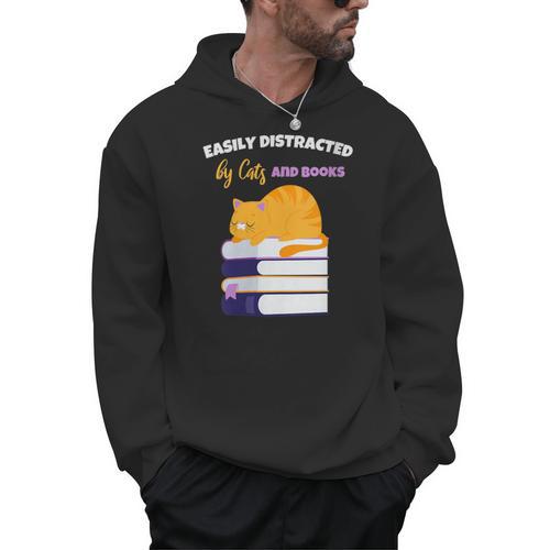 Easily Distracted Cats And Books Cute Cat Book Lover Men Hoodie - Bookorys