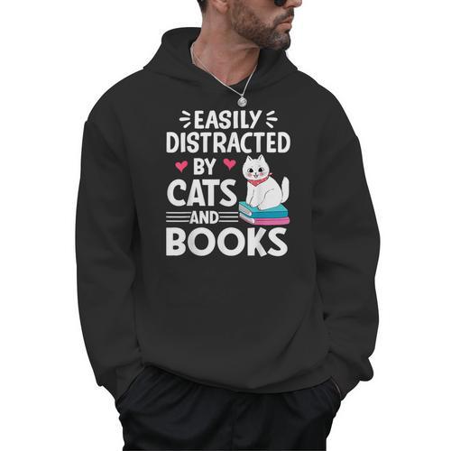 Easily Distracted By Cats And Books Cute Cat And Book Lovers Men Hoodie - Bookorys