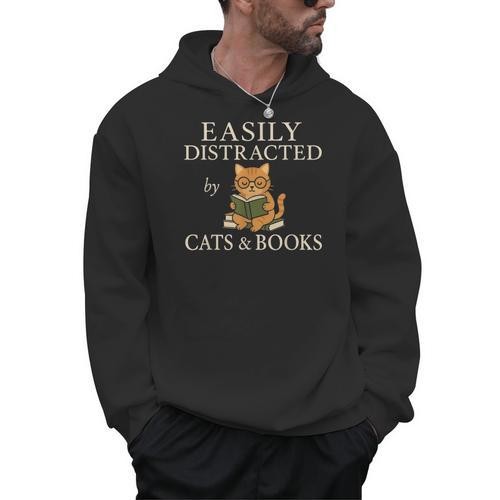 Easily Distracted By Cats And Books Cute Cat Reading Reader Men Hoodie - Bookorys