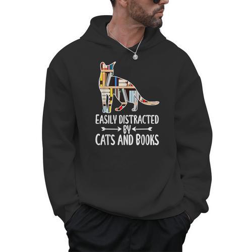 Easily Distracted By Cats And Books Reader Cat Lovers For Men Women Girls Kids Men Hoodie - Bookorys AU