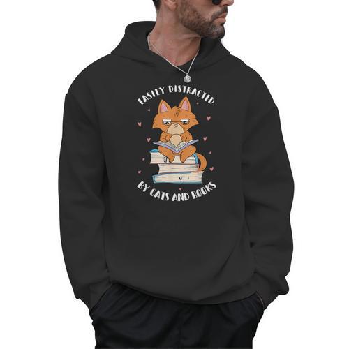 Easily Distracted By Cats And Books Shirts Book Lover Men Hoodie - Bookorys AU