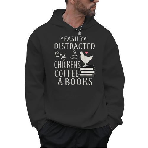 Easily Distracted By Chickens And Coffee And Books Men Hoodie - Bookorys