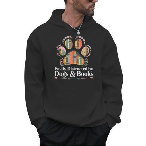 Easily Distracted By Dogs And Books Reading Men Hoodie - Bookorys