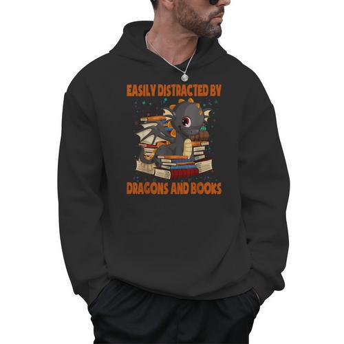 Easily Distracted By Dragon And Books Cute Dragon Read Book Men Hoodie - Bookorys