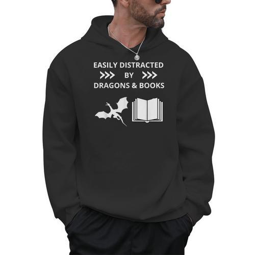 Easily Distracted By Dragon And Books Nerds Men Hoodie - Bookorys UK